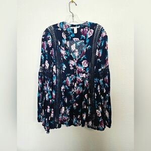 Indigo Thread Co. Navy,teal And Purple Boho Top With Crochet Detail.